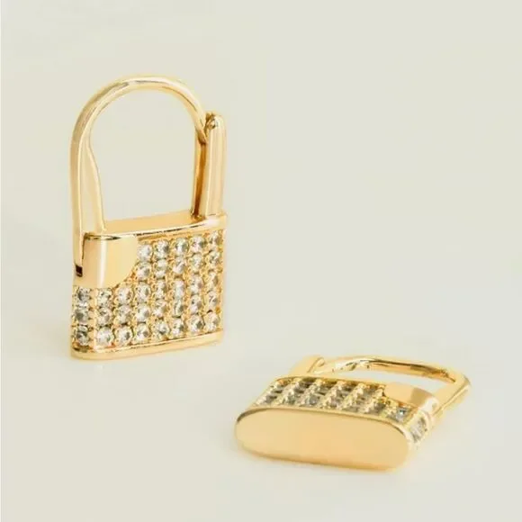 Lock Hoop Earrings Cubic Zircon Earring Gold Color Women Ear Jewelry - Picture 6 of 8